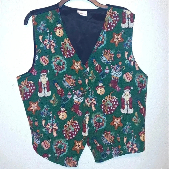 Vintage Bobbie Brooks Womens Christmas Vest XXL Green Tapestry Button - Picture 1 of 8